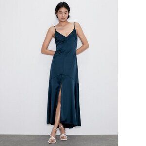 Zara Navy Satin Front Slit Slip Dress, NWT, M